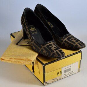Fendi Zucca Logo Canvas Black Brown Womens Shoes Size 6.5 B Made in Italy